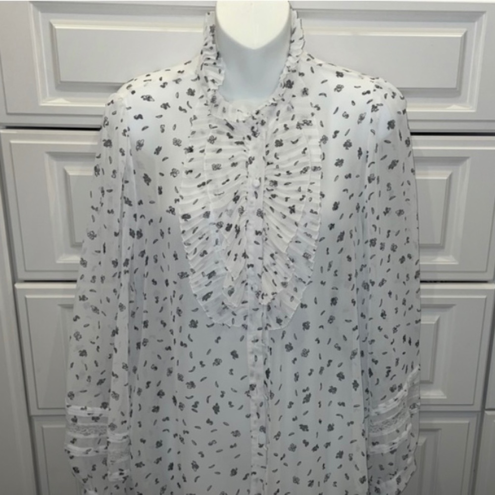 Zara Basic Sheer white blouse floral print in black euc size large